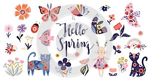 Hello Spring collection with decorative elements, folk style