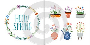 Hello spring collection with floral wreath and springtime elements, flowers in pots