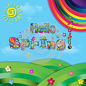 Hello spring colorful paper illustration of landscape and rainb