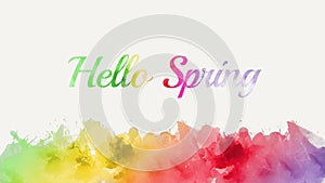 Hello Spring with colorful watercolor background and rainbow typography