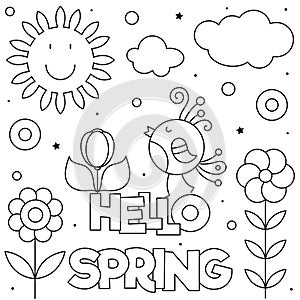 Hello Spring. Coloring page. Black and white vector illustration.