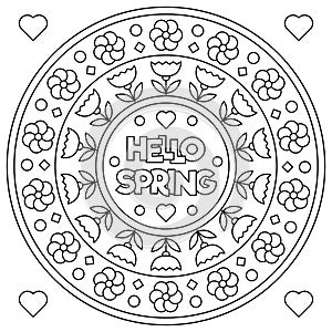Hello Spring. Coloring page. Black and white vector illustration.