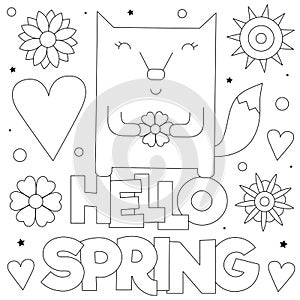 Hello Spring. Coloring page. Vector illustration of a fox.