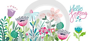 Hello Spring concept banner with hand drawn cute flowers on a white background.