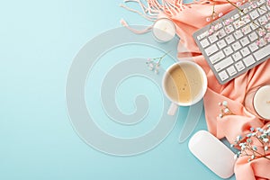 Top view photo of keyboard computer mouse cup of coffee candles gypsophila flowers and pink scarf