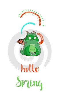 Hello Spring. Cute cartoon smiling green dragon with rainbow. The little dragon is holding a rainbow in his hands. Clipart