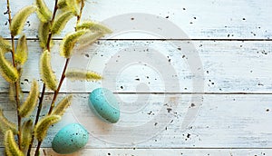 Hello spring; Easter background with fresh flowers and Easter eggs