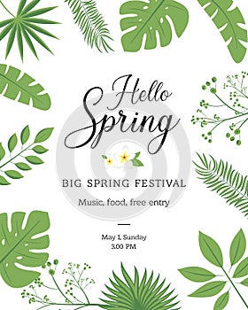 Hello Spring festive banner with Springtime season flower. Floral greeting card for Spring holiday themes design with daffodil, ro