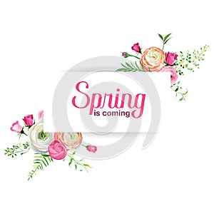 Hello Spring Floral Card for Holidays Decoration. Wedding Invitation, Greeting Template with Blooming Pink Flowers