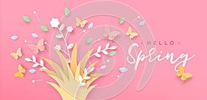Hello spring floral card of paper cut butterfly