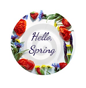 Hello Spring floral composition from poppies, cornflowers, irises, and wild flowers