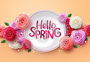 Hello spring flowers vector background. Hello spring greeting text