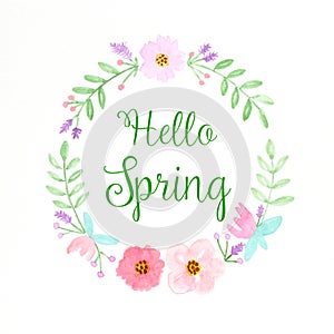 Hello spring, Flowers wreath watercolors, Hand drawing