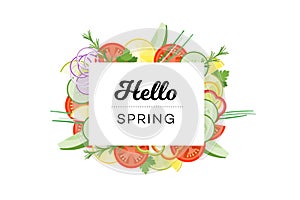 Hello Spring. Food Banner With Vegetables Isolated On White Background