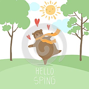 Hello Spring forest landscape. Cute bear in love spring sunny time dancing on green fresh grass.