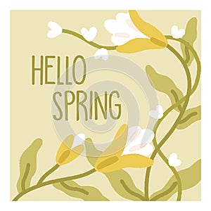 Hello spring, gentle floral card design. Flower square background, beautiful blossoms and blooms, delicate wildflowers