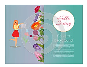 Hello spring girl watering flowers, floral banner for romantic book cover or poster and birthday cards, vector