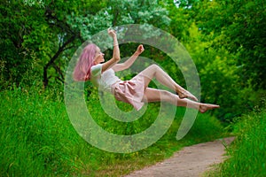 Hello Spring Gorgeous girl with raspberry hair among deer and flowers. Spring