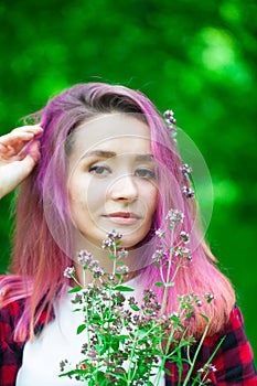 Hello Spring Gorgeous girl with raspberry hair among deer and flowers. Spring