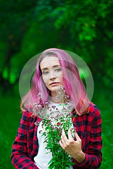 Hello Spring Gorgeous girl with raspberry hair among deer and flowers. Spring