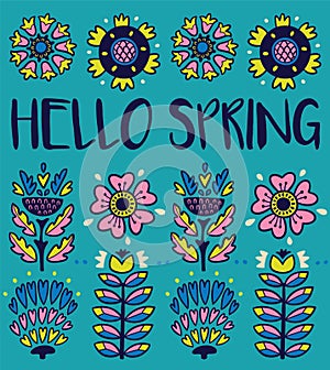 Hello spring greeting card with decorative flowers on blue background