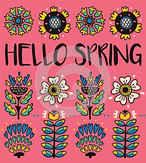 Hello spring greeting card with decorative flowers on pink background