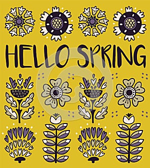 Hello spring greeting card with decorative flowers on yellow background