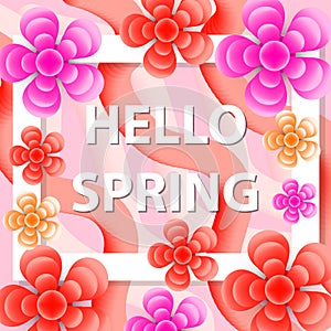 Hello Spring greeting card with flowers, modern paper cut style. International Women`s Day, March 8 template for your