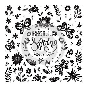 Hello spring greeting card. Hand drawn illustration
