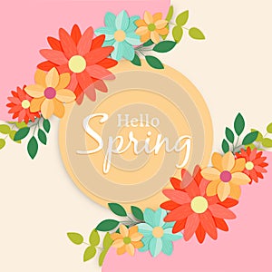 Hello spring greeting card label for flower season