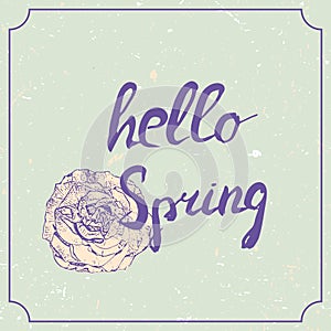 Hello spring hand drawn lettering with rose flower. Vintage grunge marriage design template, floral artwork. Vector