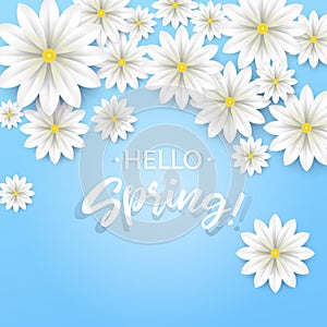 Hello Spring.Hand lettering with white flowers frame.Paper chamomile on blue background. Vector illustration.