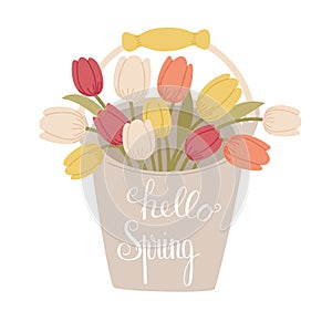 Hello Spring handlettering on the bucket of tulips photo