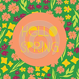 Hello Spring illustrated feminine vector banner collage style with text, colorful various flowers. Yellow pink green background