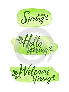 Hello spring illustrations, watercolor vector brush strokes