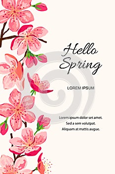 Hello Spring invitation with blossom sakura, cherry flowers