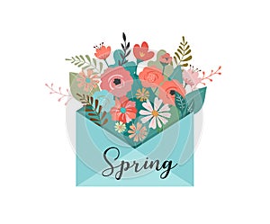 Hello spring, letter envelope with flower bouquet