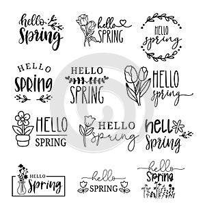 Hello spring lettering big set with flower, hand drawn, doodle,clipart.vector illustration