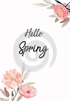 Hello Spring lettering with hand-drawn flowers. Pink flowers on a ecru background - for card or banner for garden, calendar,