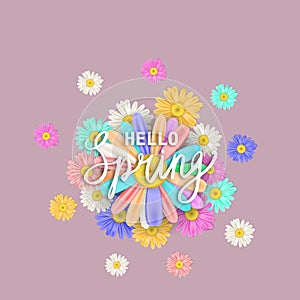 Hello Spring lettering template banner with fresh flowers bouquet multi colored daisies, chamomiles. Vector illustration