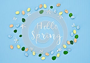 Hello spring lettering text in round floral frame