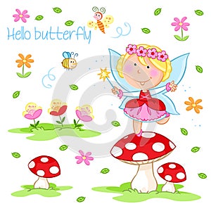 Hello Spring - Lovely little spring fairy dancing on the red mushroom