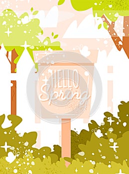 Hello Spring with mailbox in the garden, trees, bushes, butterflies and fence. Flat cartoon vector illustration