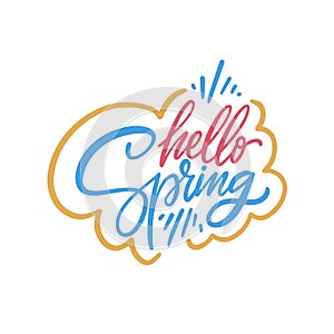 Hello Spring pink and blue color calligraphy lettering phrase.