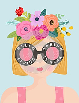 Hello Spring Romantic Banner with Cute Girls and Flowers. Floral Spring Design with Beautiful Woman in Trendy Eyeglasses