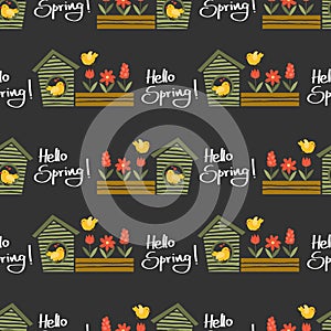 Hello spring seamless pattern of little birds in bird house with cute flowers garden and Hello spring text