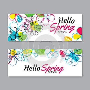 Hello spring season banner template background with colorful flo