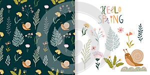 Hello spring set with seamless pattern and cute seasonal elements