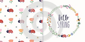 Hello Spring set with seamless pattern and greeting card