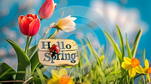 Hello spring sign with ladybug and tulips